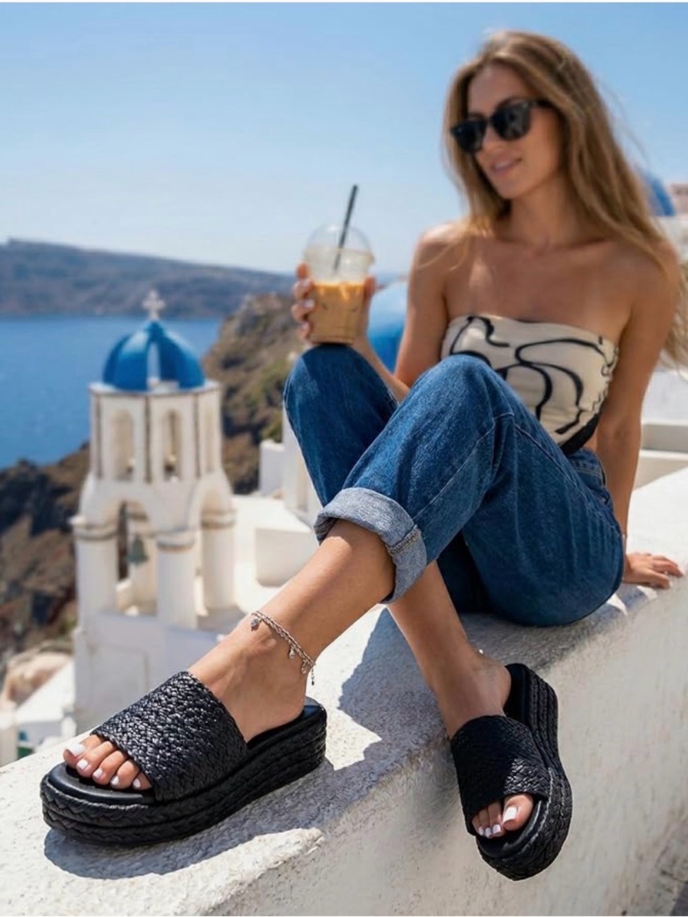 Cushionaire Kudos Platform Slide Sandals Black Raffia Size 8 NWOT